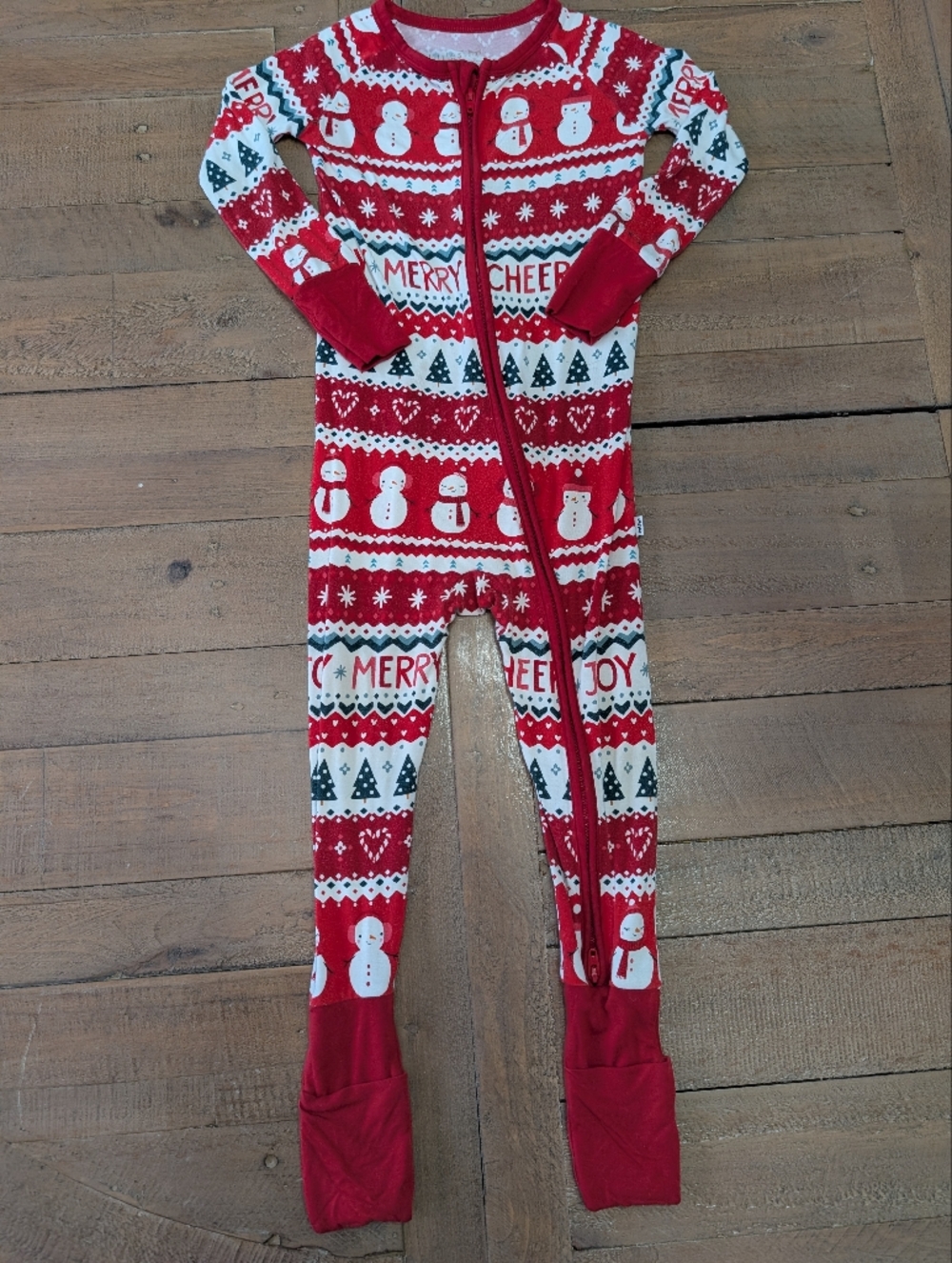 Little Sleepies Red Holiday One-Piece Footie Pajamas with Snowman & Trees